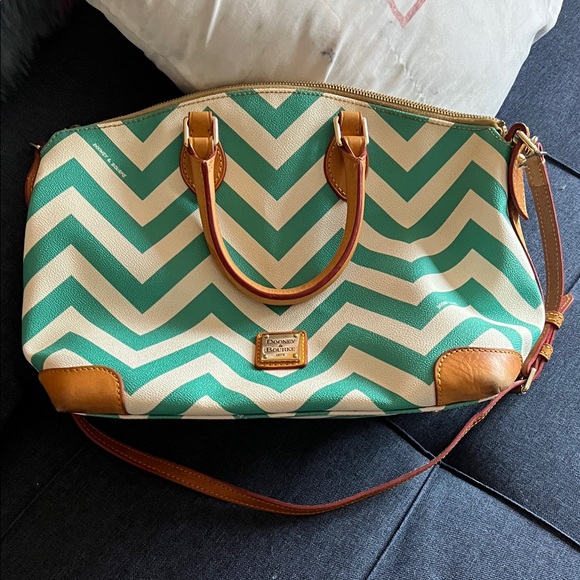 Dooney & Bourke Handbags - Dooney & Bourke Teal and Cream Chevron Satchel with Tan Leather Trim